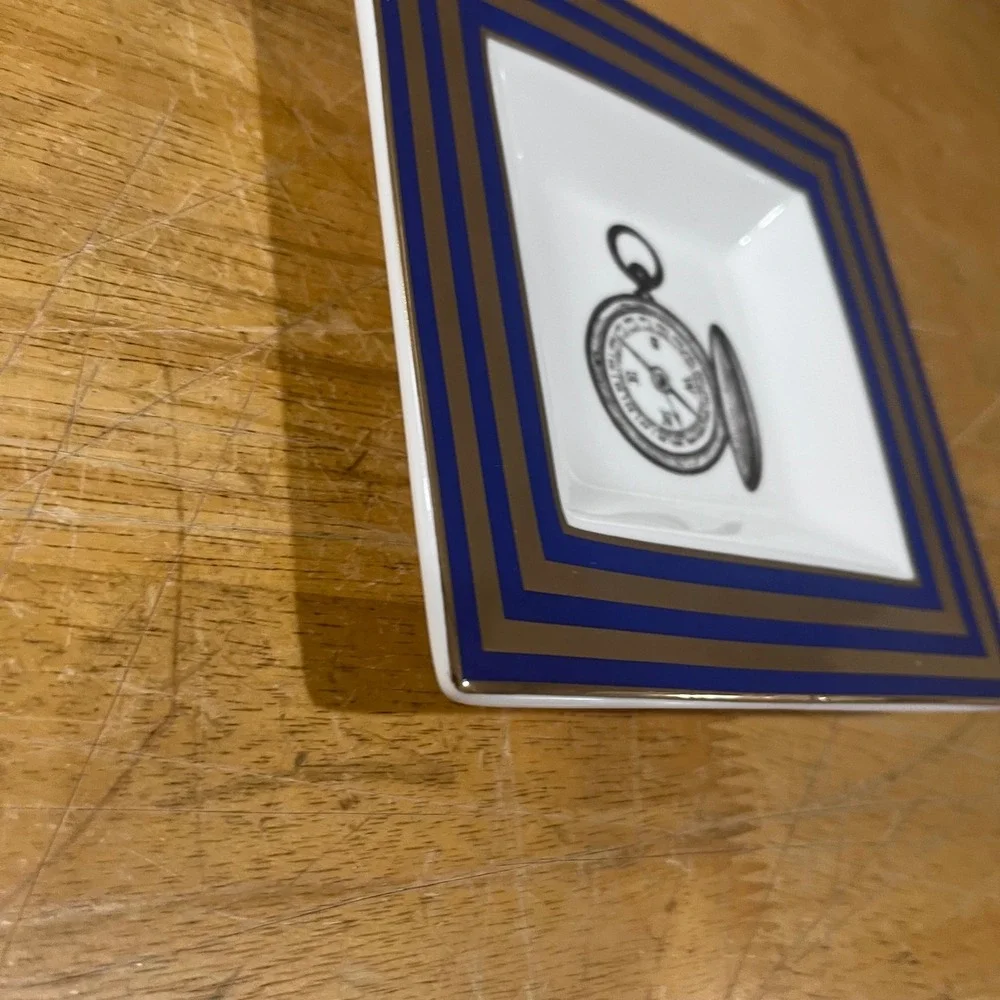 C. Wonder Tory Burch Compass Trinket Tray Navy Gold Striped Porcelain Dish Vtg